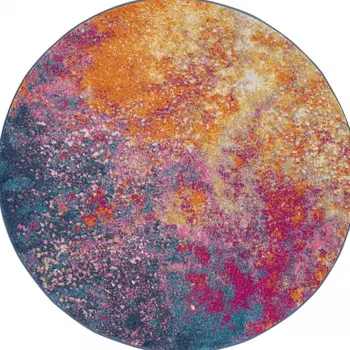 5' Blue And Orange Abstract Round Rug