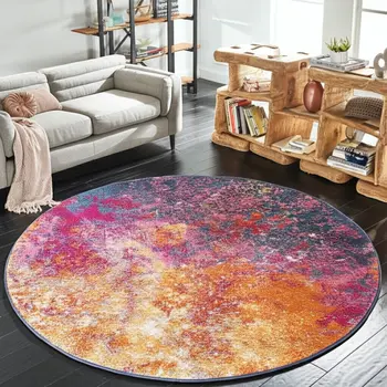 8' Blue And Orange Abstract Round Rug