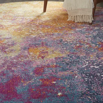 8' Blue And Orange Abstract Round Rug