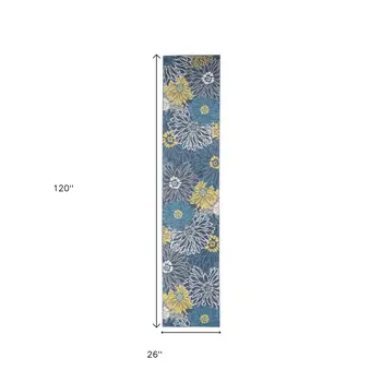 10' Blue And Gold Floral Runner Rug