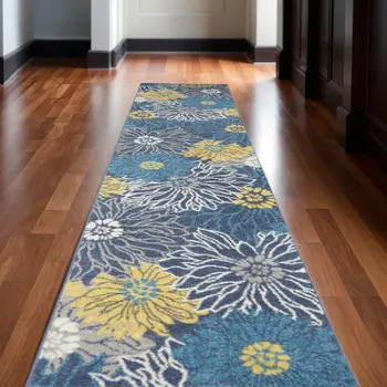 10' Blue And Gold Floral Runner Rug