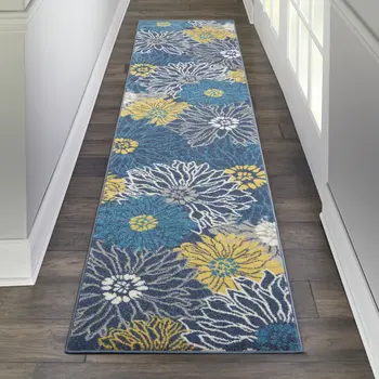 10' Blue And Gold Floral Runner Rug