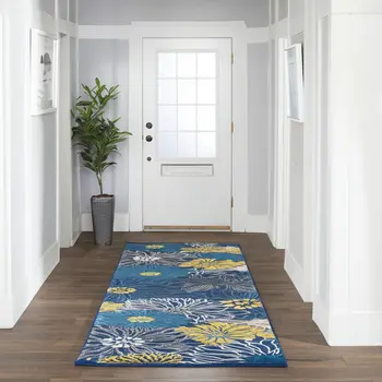 10' Blue And Gold Floral Runner Rug