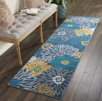 8' Blue And Gold Floral Runner Rug