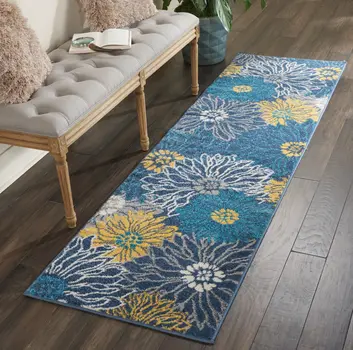 8' Blue And Gold Floral Runner Rug