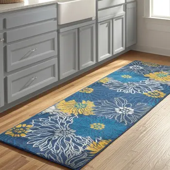 8' Blue And Gold Floral Runner Rug