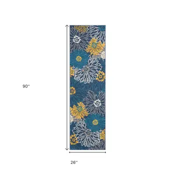 8' Blue And Gold Floral Runner Rug