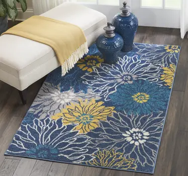 4' X 6' Blue And Gold Floral Area Rug