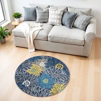 4' Blue And Gold Floral Round Rug
