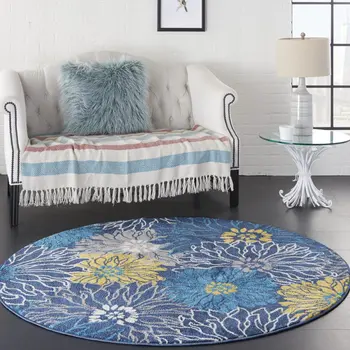 4' Blue And Gold Floral Round Rug