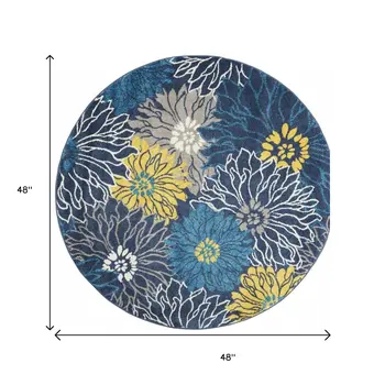 4' Blue And Gold Floral Round Rug