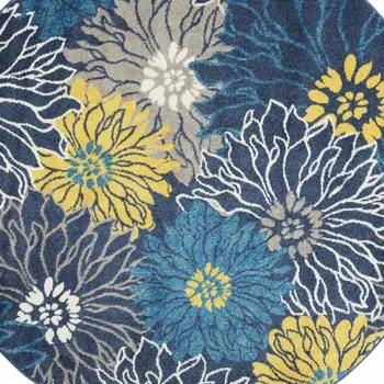 4' Blue And Gold Floral Round Rug