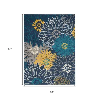 5' X 7' Blue And Gold Floral Area Rug