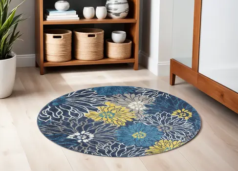 5' Blue And Gold Floral Round Rug