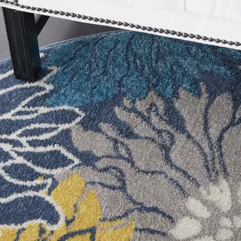 5' Blue And Gold Floral Round Rug