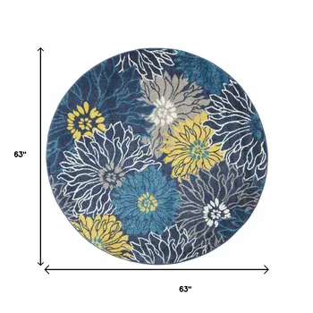 5' Blue And Gold Floral Round Rug