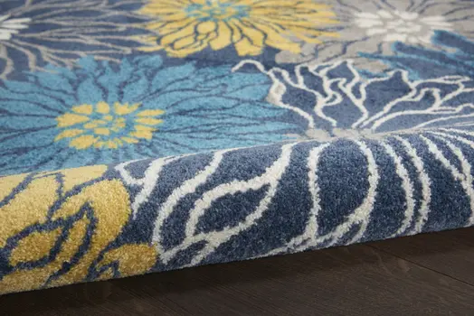 5' Blue And Gold Floral Round Rug