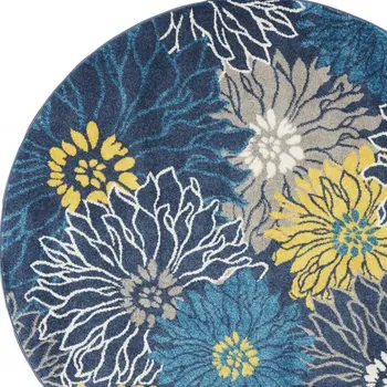 5' Blue And Gold Floral Round Rug