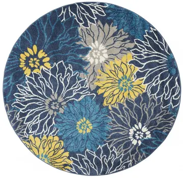 5' Blue And Gold Floral Round Rug