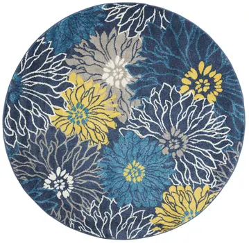 5' Blue And Gold Floral Round Rug