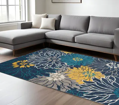 8' X 10' Blue And Gold Floral Area Rug