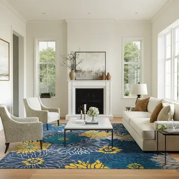 8' X 10' Blue And Gold Floral Area Rug