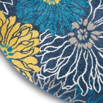 8' Blue And Gold Floral Round Rug