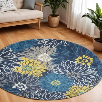 8' Blue And Gold Floral Round Rug