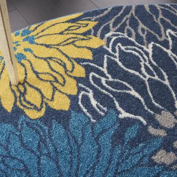 8' Blue And Gold Floral Round Rug