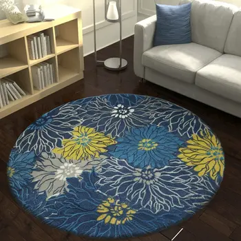 8' Blue And Gold Floral Round Rug