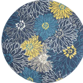 8' Blue And Gold Floral Round Rug