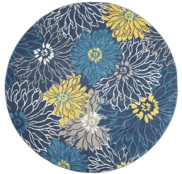 8' Blue And Gold Floral Round Rug