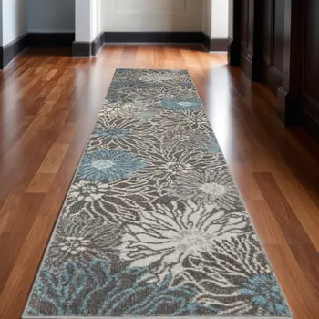 10' Blue And Gray Floral Runner Rug
