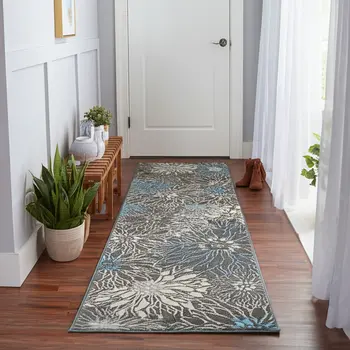 10' Blue And Gray Floral Runner Rug