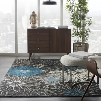 4' X 6' Blue And Gray Floral Area Rug