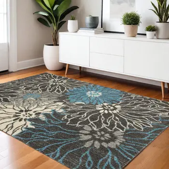4' X 6' Blue And Gray Floral Area Rug