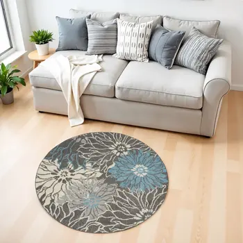 4' Blue And Gray Floral Round Rug