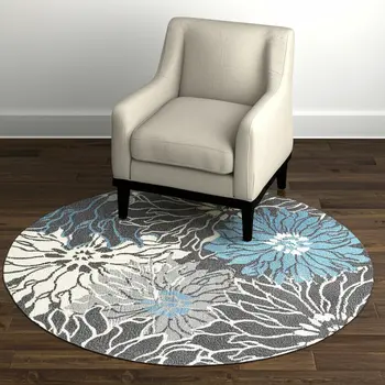 4' Blue And Gray Floral Round Rug