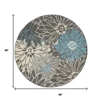 4' Blue And Gray Floral Round Rug