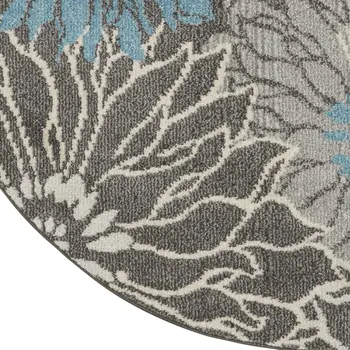 4' Blue And Gray Floral Round Rug