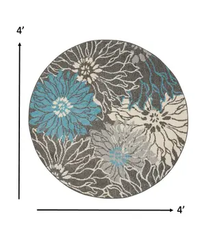 4' Blue And Gray Floral Round Rug