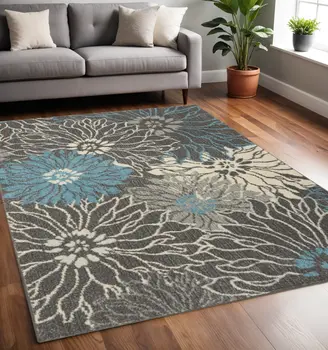 5' X 7' Blue And Gray Floral Area Rug