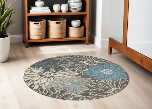 5' Blue And Gray Floral Round Rug