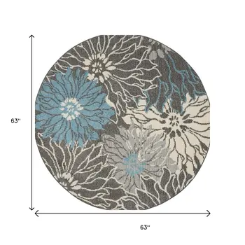 5' Blue And Gray Floral Round Rug