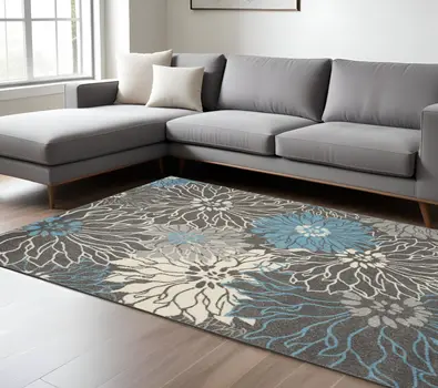 7' X 10' Blue And Gray Floral Area Rug