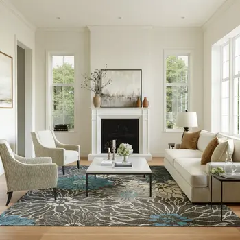 7' X 10' Blue And Gray Floral Area Rug