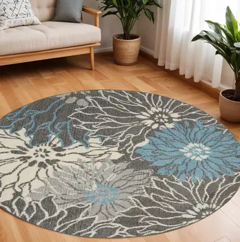 8' Blue And Gray Floral Round Rug