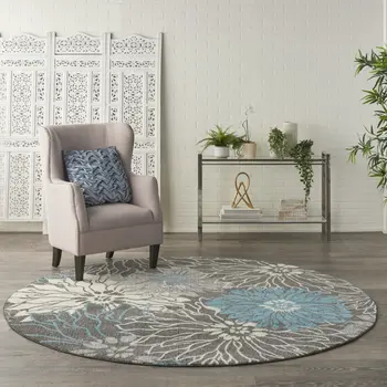 8' Blue And Gray Floral Round Rug