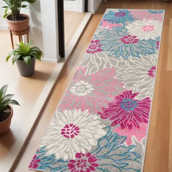 6' Gray And Pink Floral Runner Rug