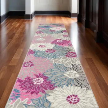 10' Gray And Pink Floral Runner Rug